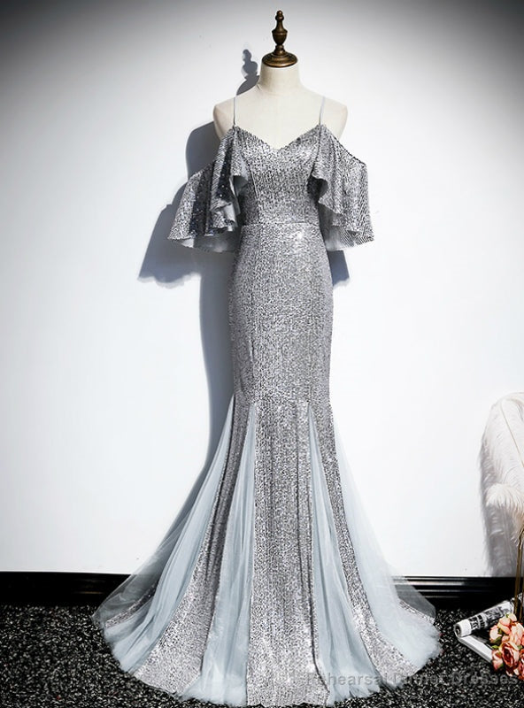 Silver Gray Mermaid Sequins Spaghetti Straps Prom Dress Main image
