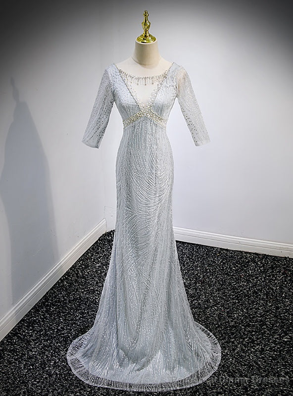 Silver Gray Mermaid Short Sleeve Backless Prom Dress Main image
