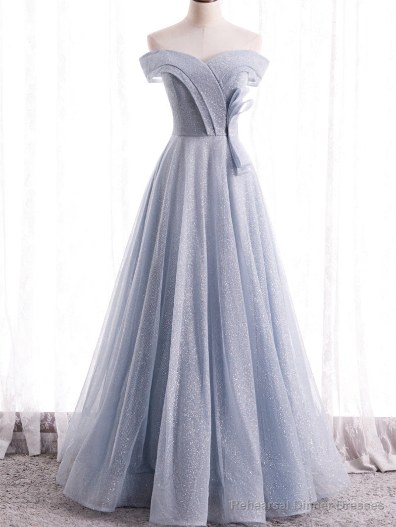 Silver Gray Sequins Tulle Off the Shoulder Prom Dress Main image