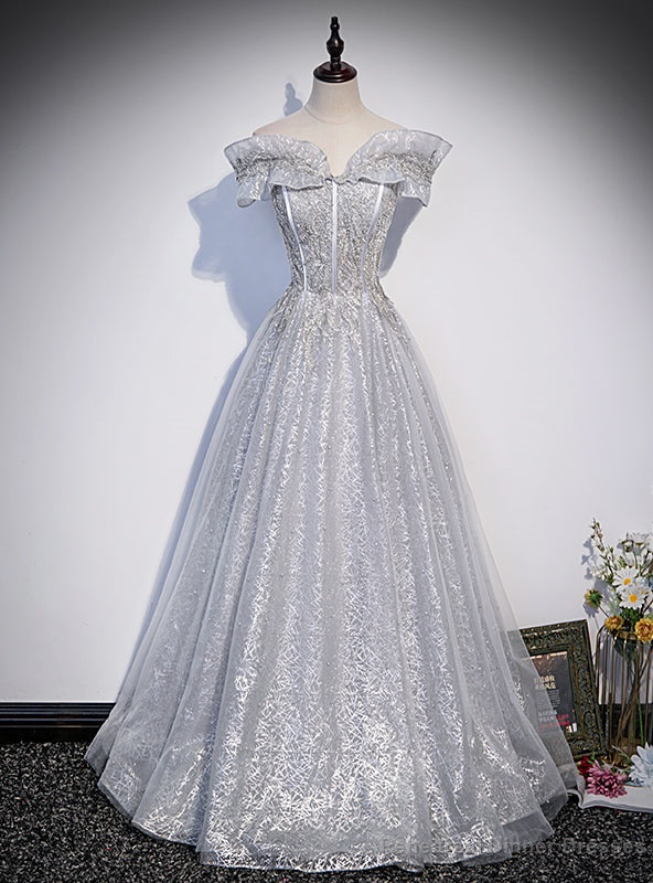 Silver Gray Tulle Sequins Appliques Prom Dress Main image