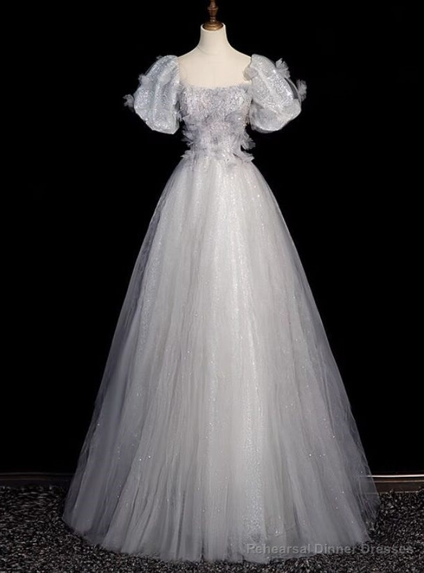 Silver Gray Tulle Sequins Puff Sleeve Prom Dress Main image