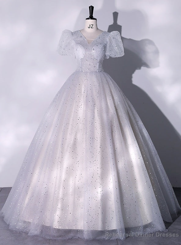 Silver Gray Tulle Sequins Puff Sleeve Quinceanera Dress Main image