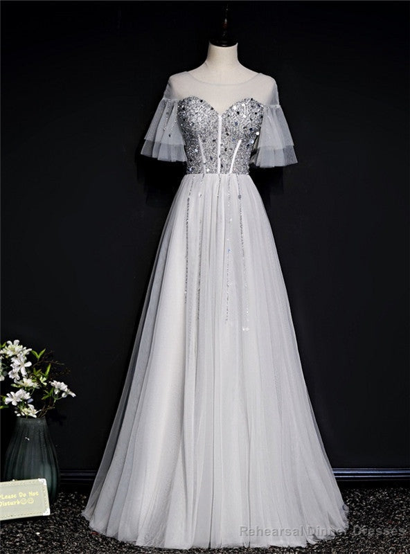Silver Gray Tulle Short Sleeve Beading Sequins Prom Dress Main image
