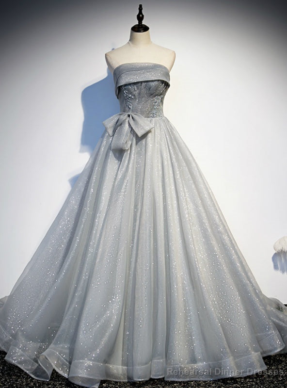 Silver Gray Tulle Strapless Beading Prom Dress Main image