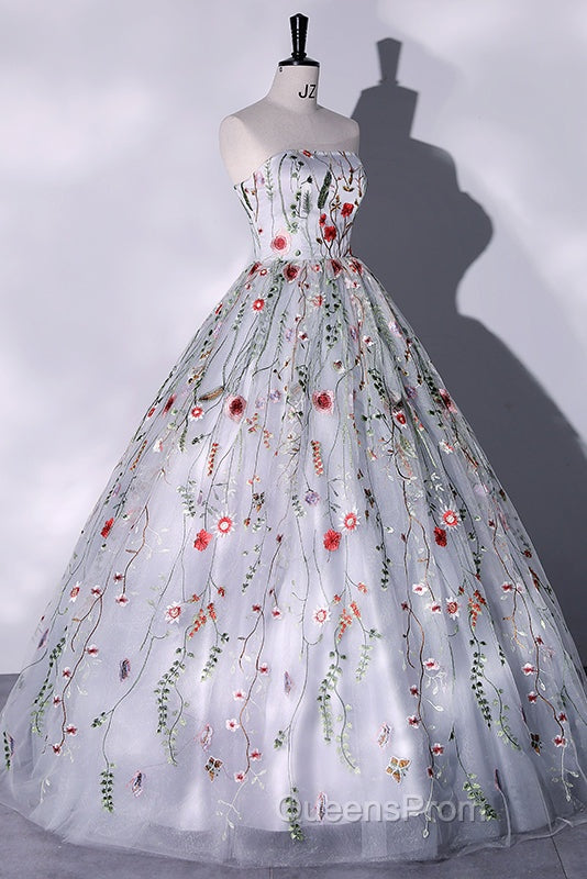 Silver Grey Strapless Ball Gown Evening Prom Dress Floral Floor Length Quinceanera Dress