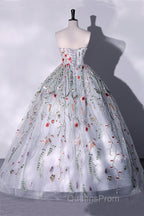 Silver Grey Strapless Ball Gown Evening Prom Dress Floral Floor Length Quinceanera Dress