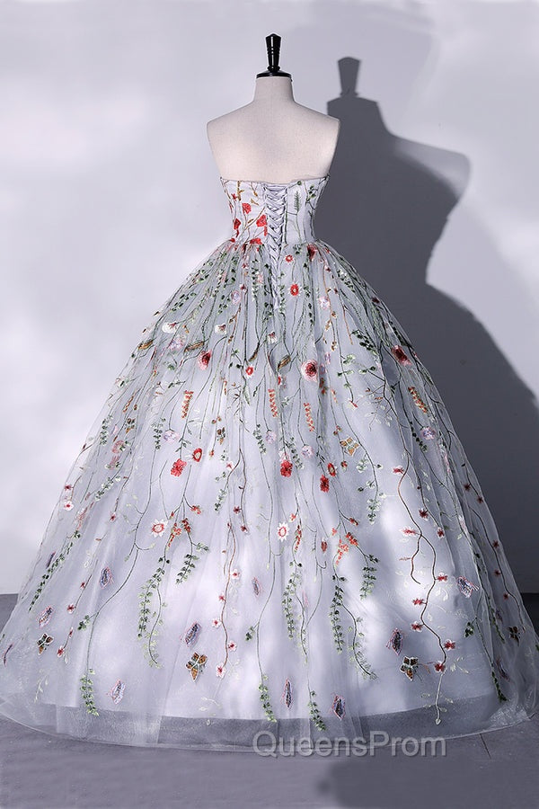 Silver Grey Strapless Ball Gown Evening Prom Dress Floral Floor Length Quinceanera Dress