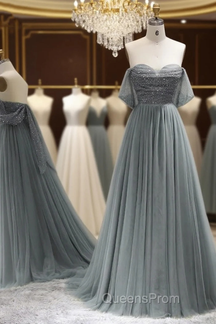 Silver Grey Tulle Off Shoulder Beading Dress