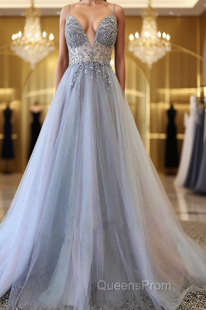 Silver Grey V Neck Floor Length Long Beaded Evening Prom Dress, Grey Long Beaded Formal Evening Dress Main image
