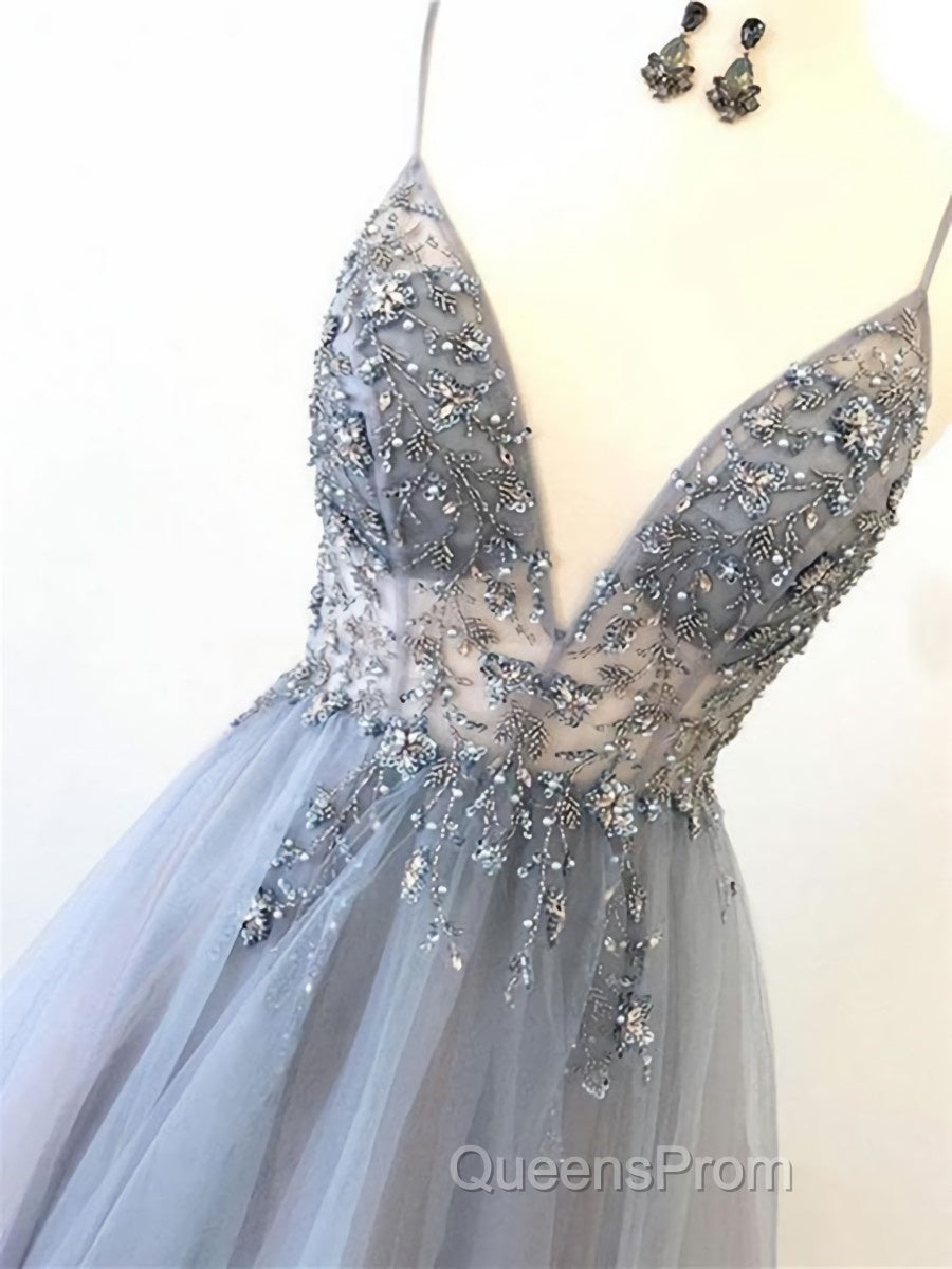 Silver Grey V Neck Floor Length Long Beaded Evening Prom Dress, Grey Long Beaded Formal Evening Dress Secondary image