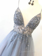 Silver Grey V Neck Floor Length Long Beaded Evening Prom Dress, Grey Long Beaded Formal Evening Dress