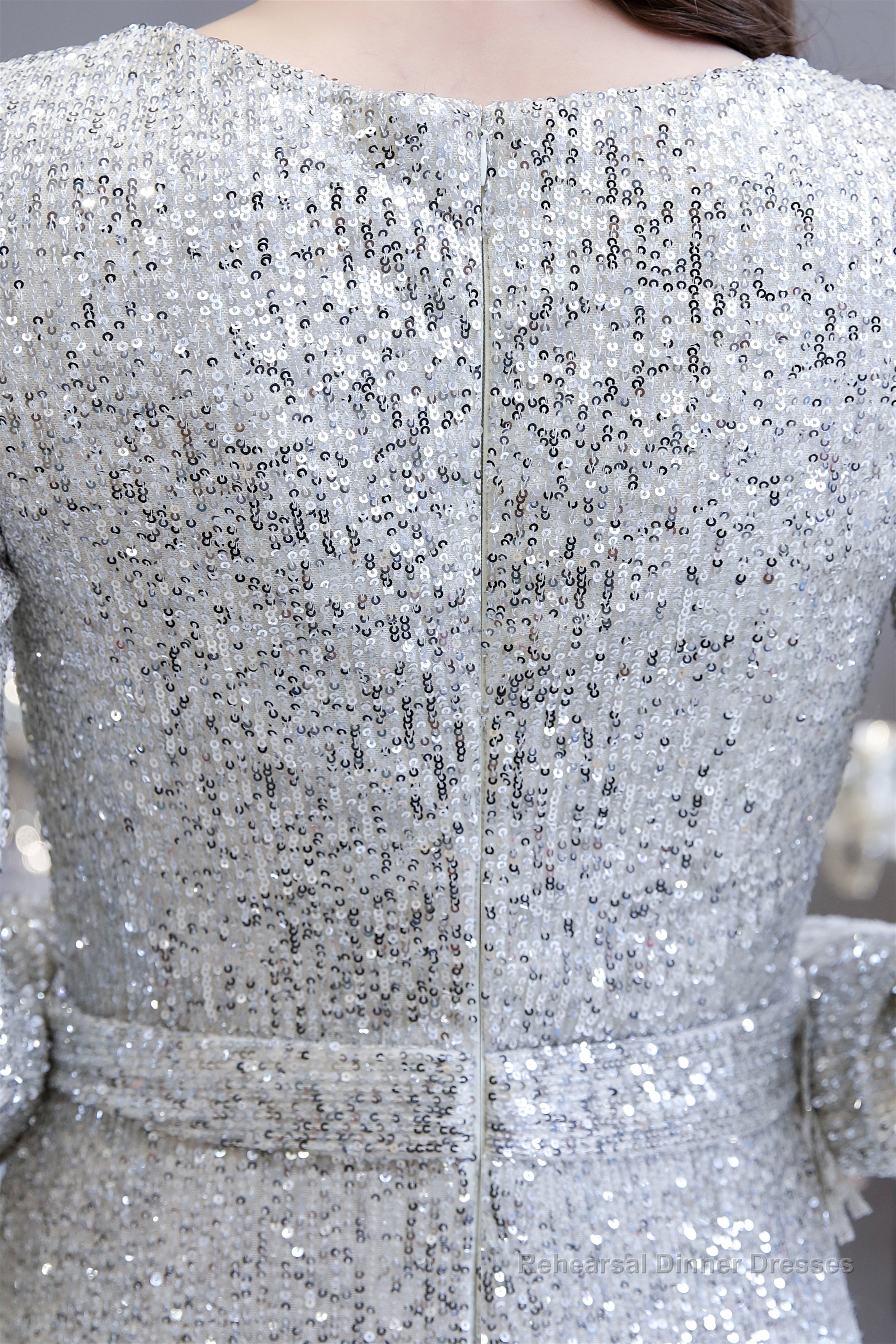 Long Sleeve V Neck Floor Length Crystal Beaded Sequins Mermaid Prom Dresses