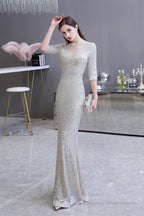 Silver Long sleeves Long Prom Dresses