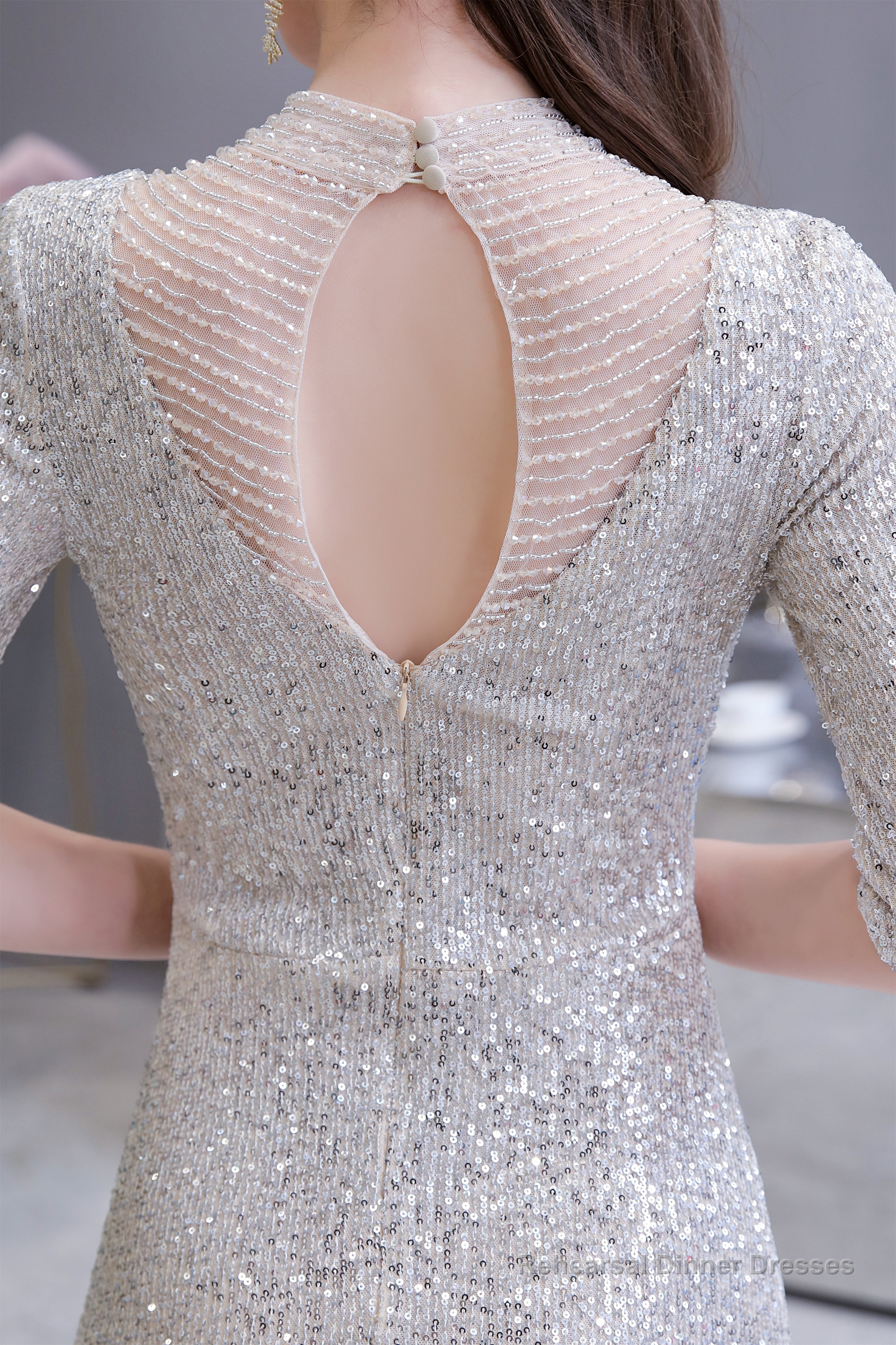 Silver Long sleeves Long Prom Dresses