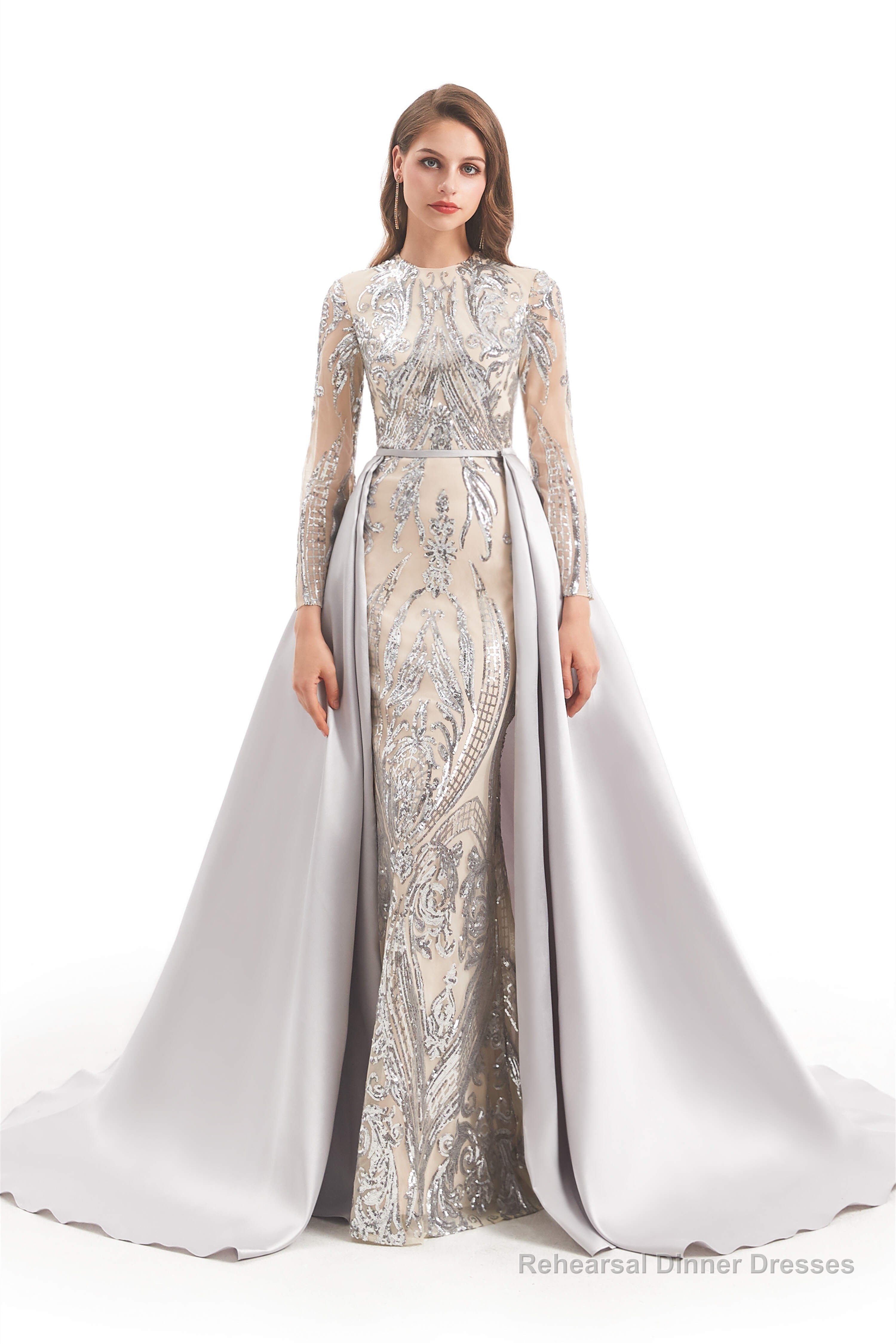 Long Sleeves Mermaid Detachable Train Prom Dresses with Train Sequined