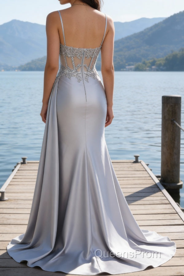 Silver Mermaid Pleated Sheer Long Corset Satin Prom Dress With Slit