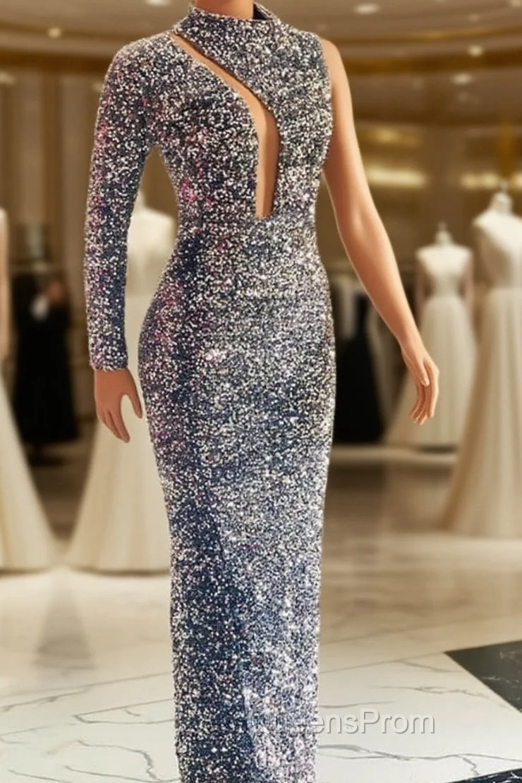 Silver Mermaid Sequin Evening Prom Dress One Shoulder Main image