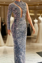 Silver Mermaid Sequin Evening Prom Dress One Shoulder