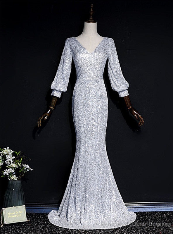 Silver Mermaid Sequins V-neck Long Sleeve Prom Dress
