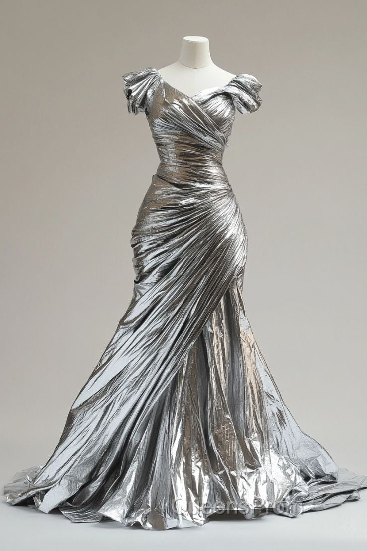 Silver Mermaid V-Neck Long Evening Prom Dress Simple Simple Evening Dress