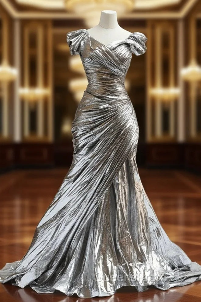 Silver Mermaid V-Neck Long Evening Prom Dress Simple Simple Evening Dress