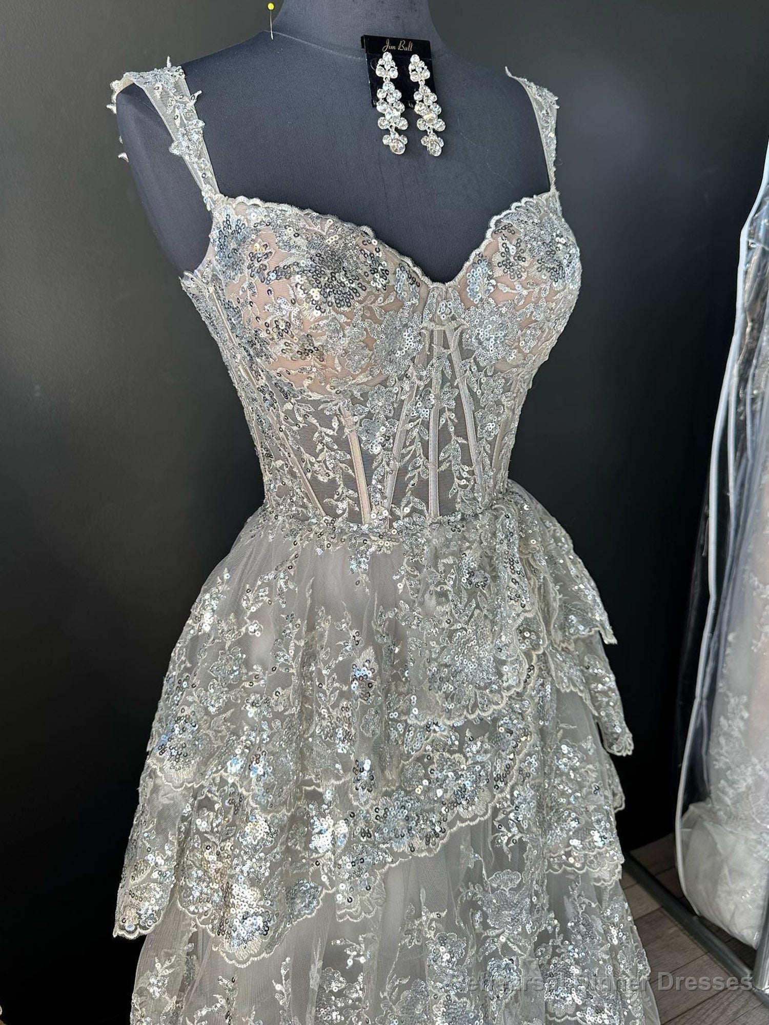 Silver Princess A Line Off the Shoulder Corset Prom Dress with Lace Ruffles Secondary image