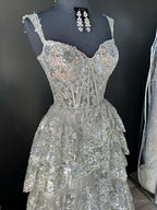 Silver Princess A Line Off the Shoulder Corset Prom Dress with Lace Ruffles