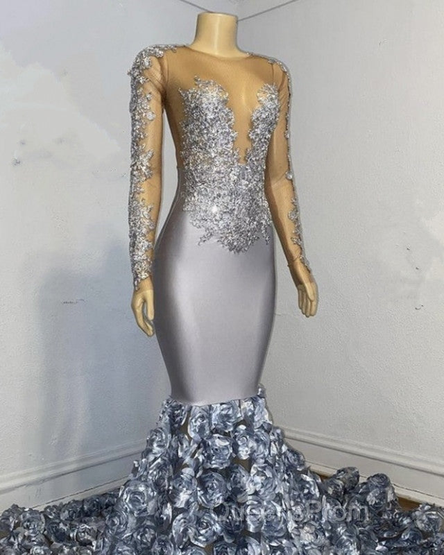 Silver Rosette Long Sleeve Mermaid Evening Prom Dress Secondary image