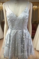 Silver Sequin Lace V Neck Tulle Homecoming Dress Short Evening Prom Gowns