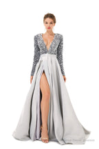 Sequined Satin A Line Front Slit V Neck Full Sleeve Sweep Train Long Prom Dresses