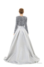 Sequined Satin A Line Front Slit V Neck Full Sleeve Sweep Train Long Prom Dresses