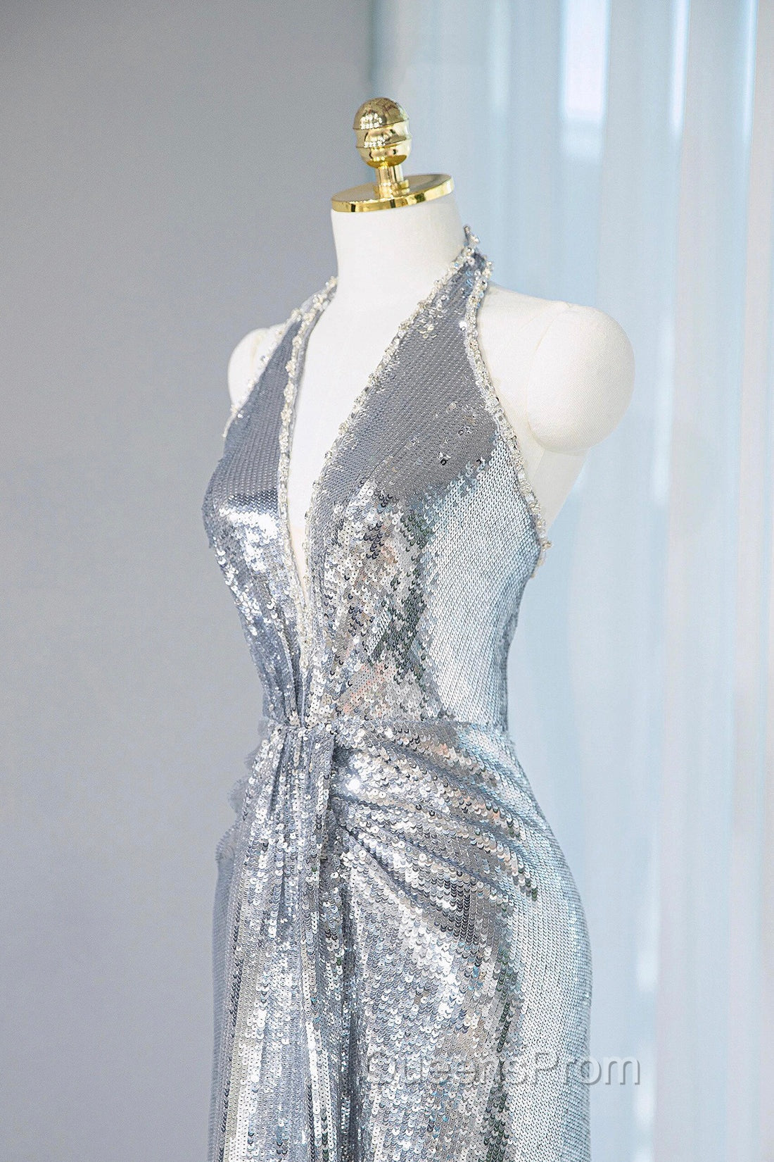 Silver Sequins Long Evening Prom Dress, Shiny V-Neck Evening Party Dress