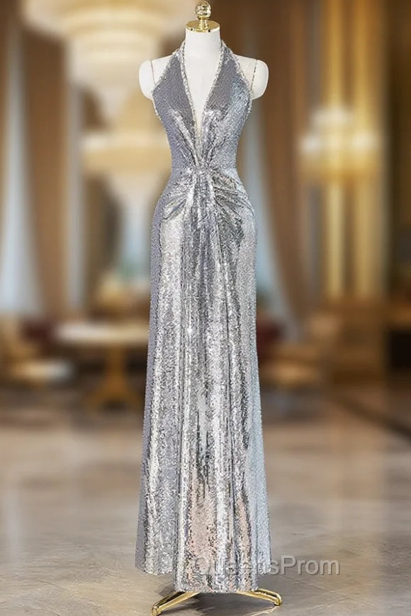 Silver Sequins Long Evening Prom Dress, Shiny V-Neck Evening Party Dress Main image