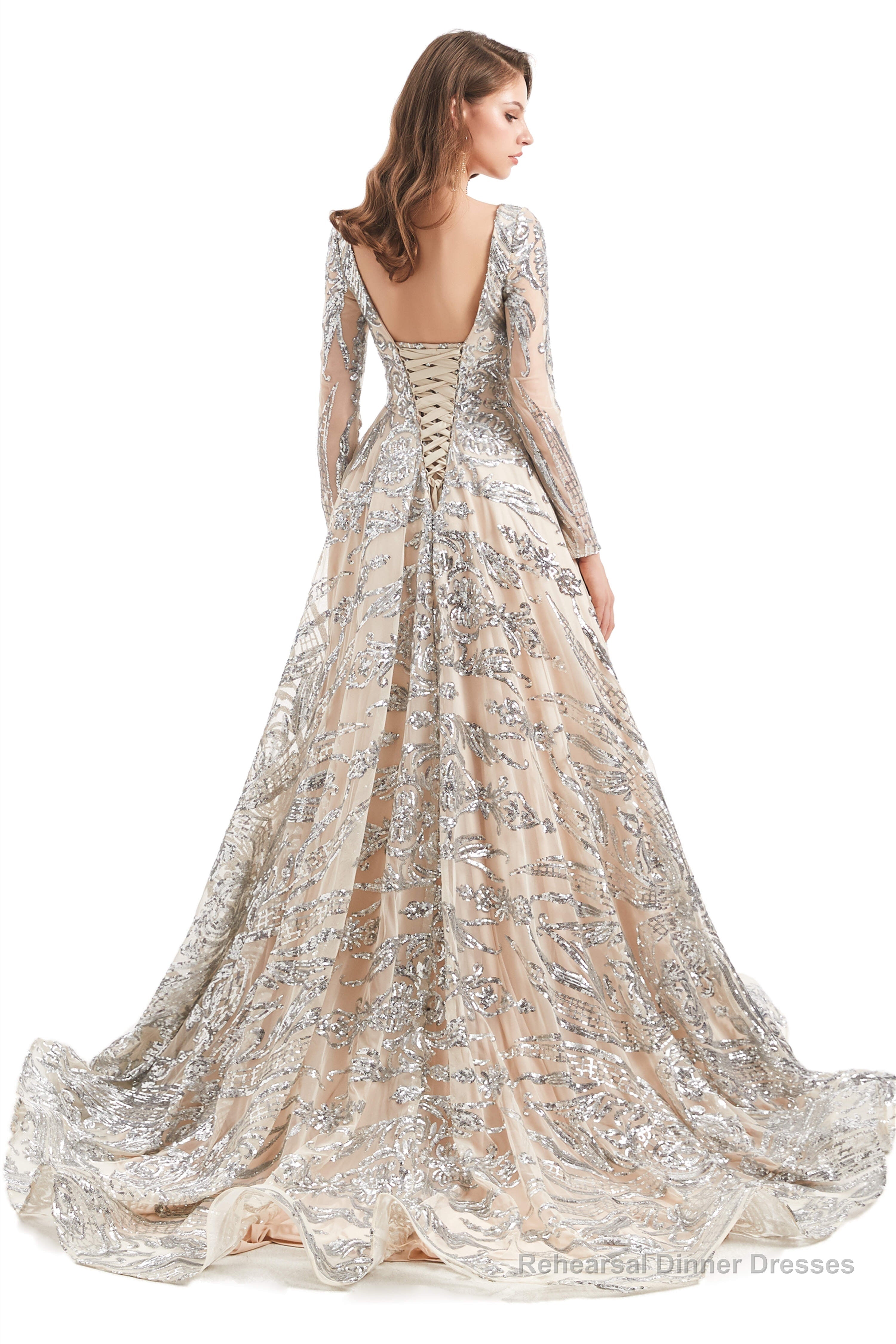 Sequins Long Sleeve Backless Prom Dresses