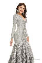 Sequins Mermaid Long V Neck Prom Dresses Full Sleeve