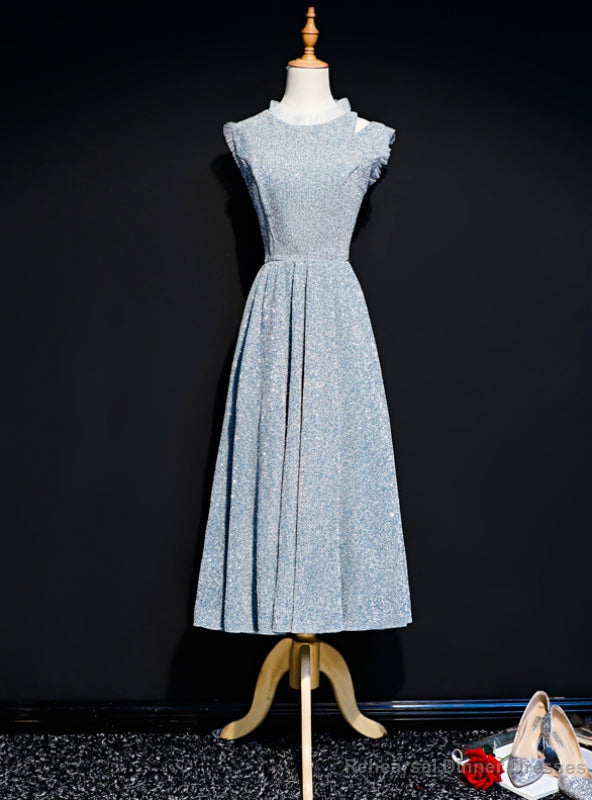 Silver Sequins Scoop Tea Length Prom Dress Main image