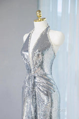 Silver Sequins Sheath V-Neck Long Evening Prom Dress Shiny Evening Dress