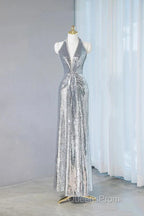 Silver Sequins Sheath V-Neck Long Evening Prom Dress Shiny Evening Dress