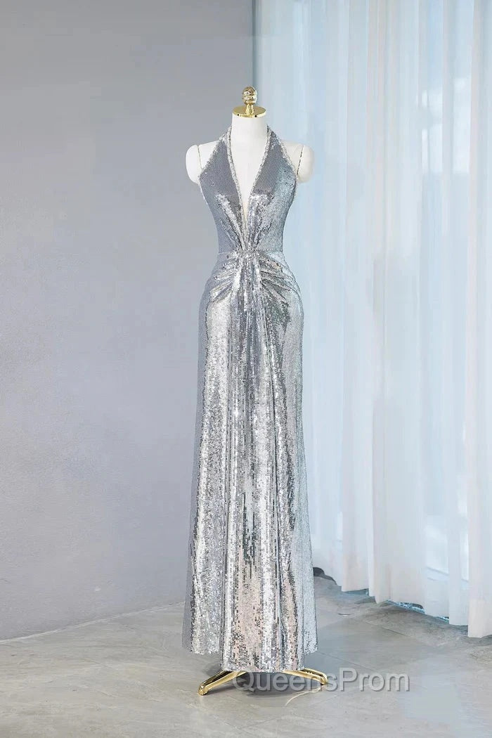 Silver Sequins Sheath V-Neck Long Evening Prom Dress Shiny Evening Dress