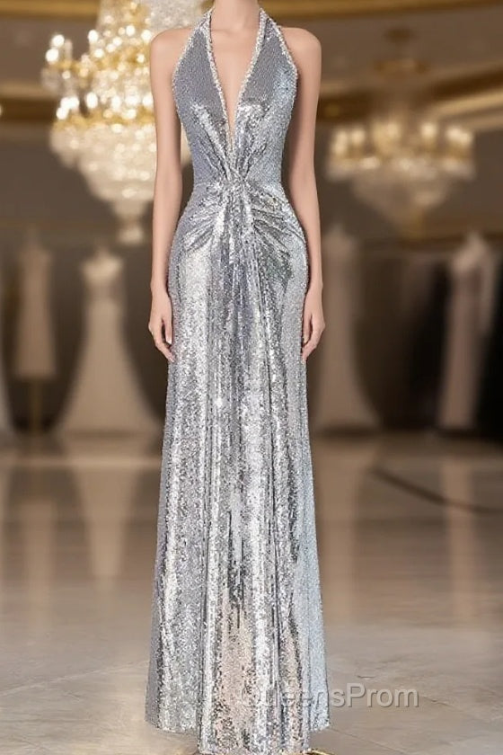Silver Sequins Sheath V-Neck Long Evening Prom Dress Shiny Evening Dress Main image