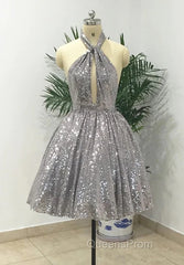 Silver Sexy Halter Sequined Backless Short Homecoming Dress, Sparkly Party Dress
