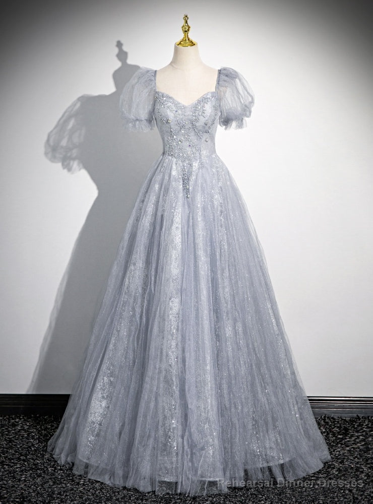 Silver Tulle Sequins Short Sleeve Beading Prom Dress Main image
