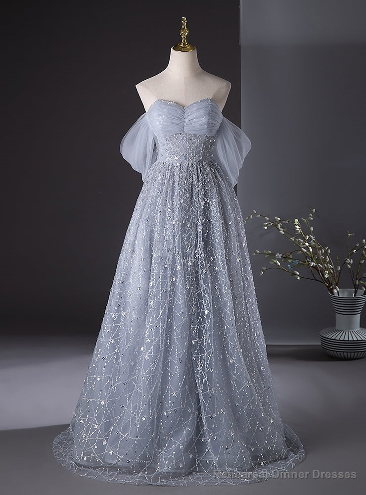 Silver Tulle Sequins Strapless Pleats Prom Dress Main image