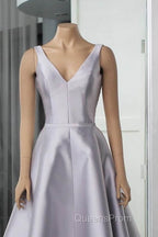 Silver V-Neck Satin Midi Dress