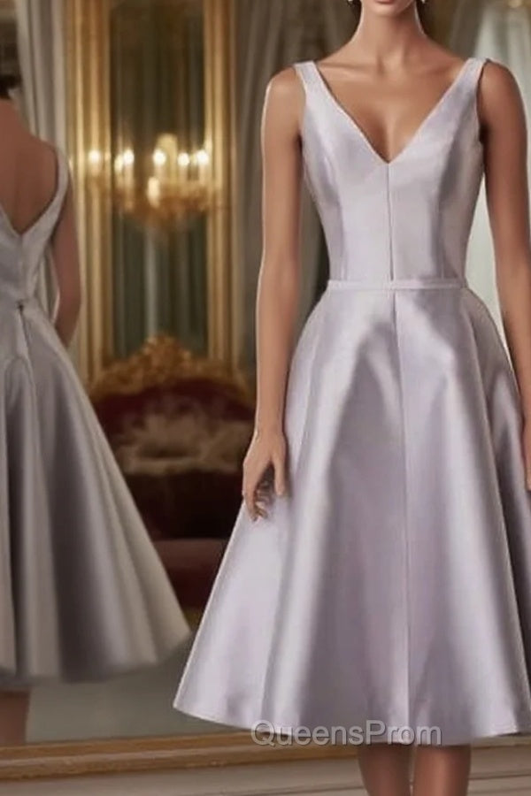 Silver V-Neck Satin Midi Dress Main image