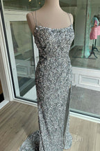 Sparkle Tiffany Blue Sequins Long Evening Prom Dress with Slit