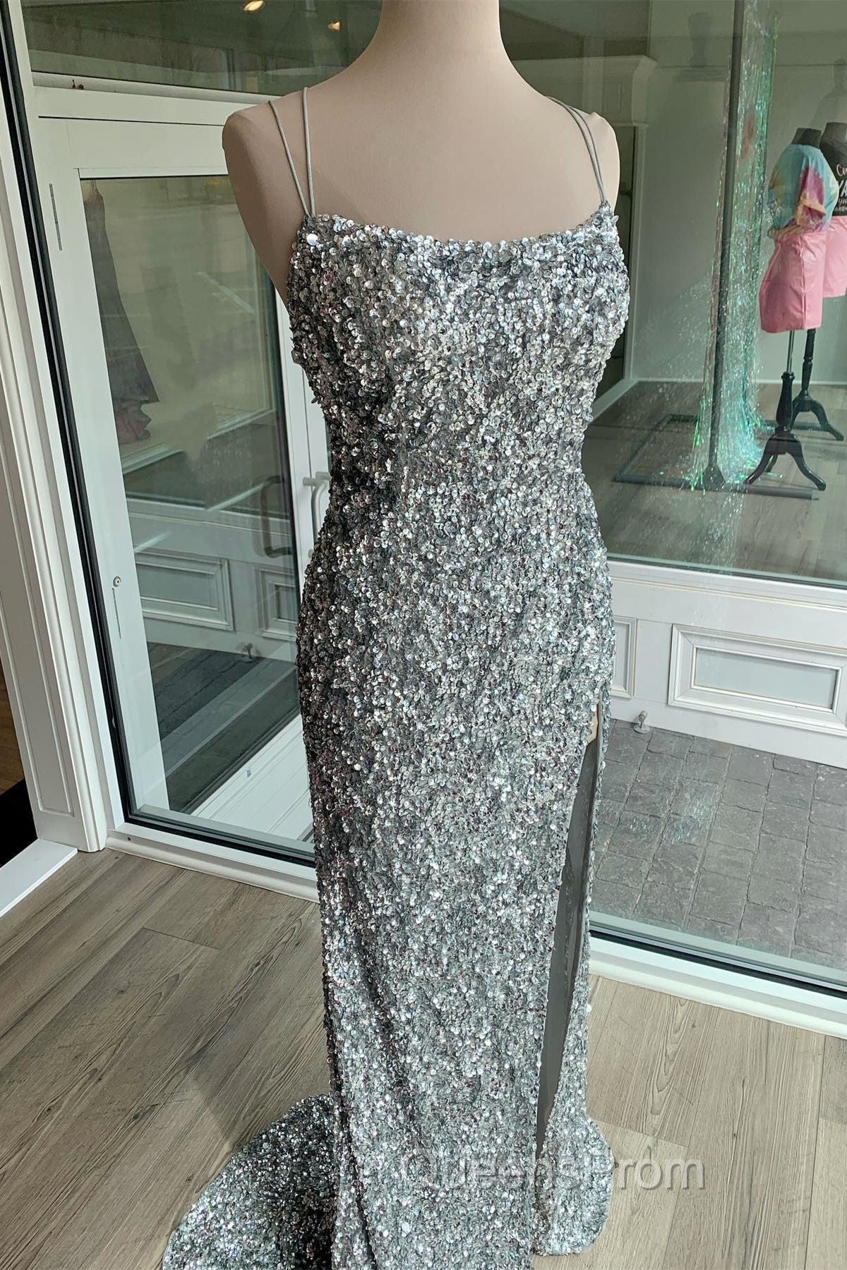Sparkle Tiffany Blue Sequins Long Evening Prom Dress with Slit