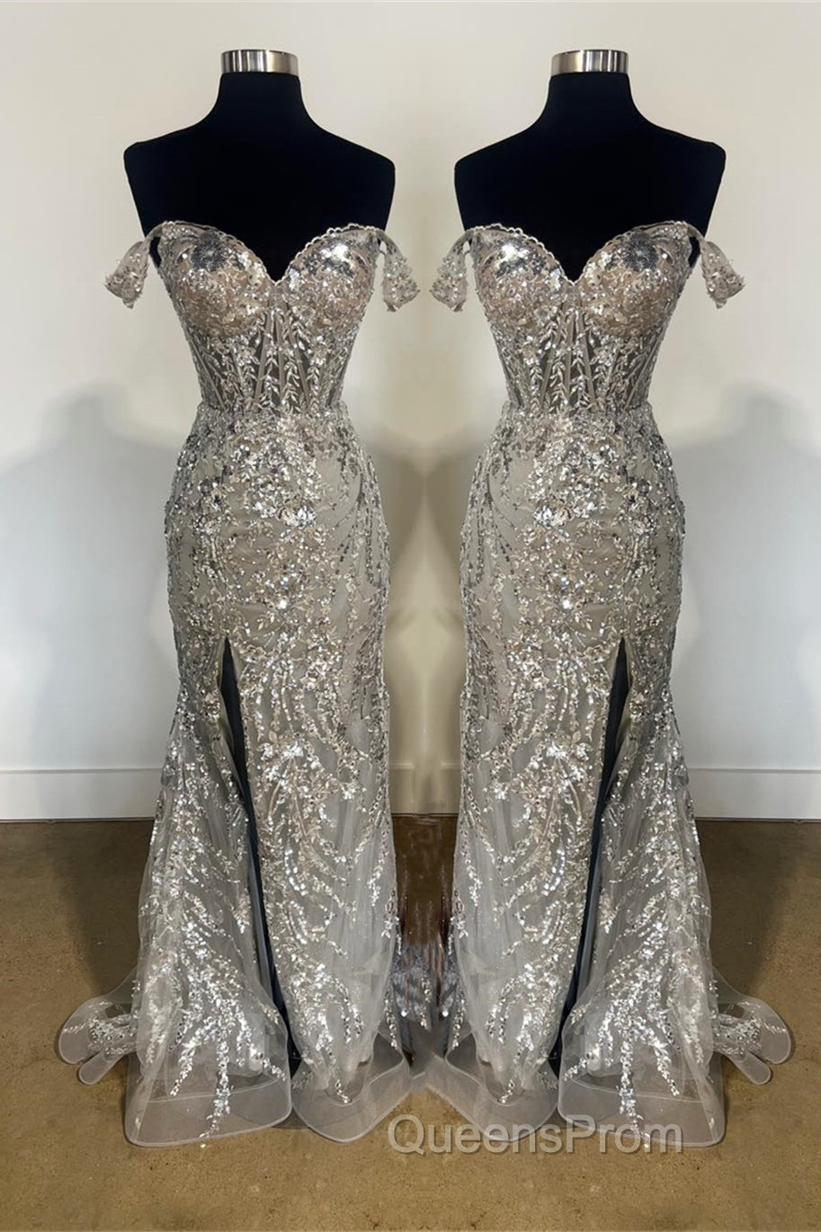 Fuchsia Off-Shoulder Sequined Floral Mermaid Long Evening Prom Dress with Slit