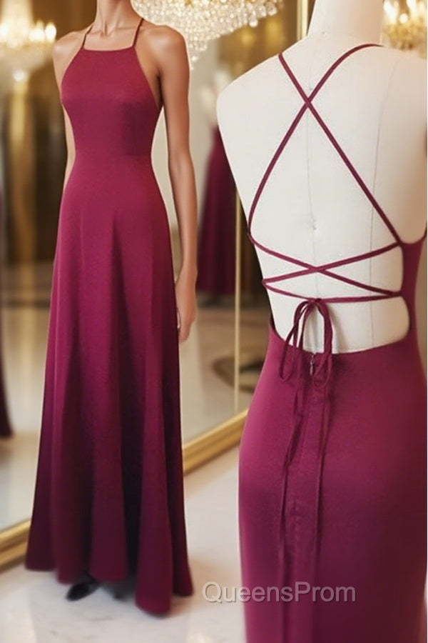 Simple A Line Backless Burgundy Satin Long Evening Prom Dress, Burgundy Formal Dress, Burgundy Evening Dress Main image