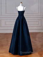 Simple A-Line Dark Blue Satin Long Evening Prom Dress, Dark Blue Long Evening Dress